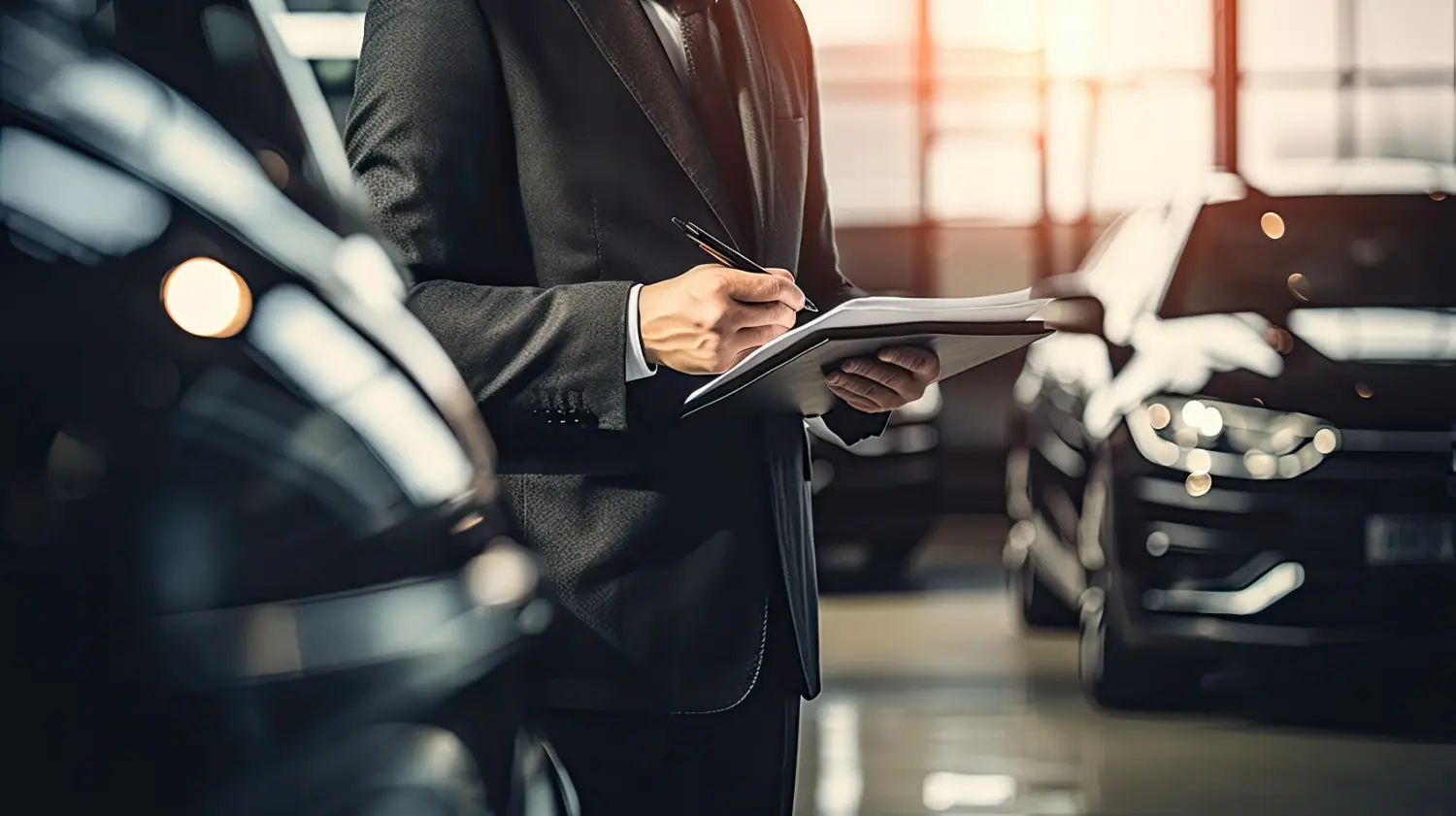 Ein Gutachter begutachtet ein Auto und erstellt einen Wertbericht, der die Genauigkeit und das Fachwissen bei der Fahrzeugbewertung hervorhebt